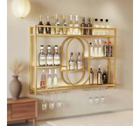Porte - Vin Montage Mural en Métal,Industrielle Cadre en À Trois Niveaux,Présentoir À Vin,Porte - Vin Montage Mural,pour La Maison,Bar,Restaurant Et Cuisine,Noir,Or(Gold,39.4IN/100CM)