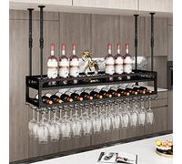 Porte-vin suspendu industriel avec barre de plafond réglable et étagère 2 couches métal mural porte-vin et verre avec support en verre porte-bouteille en fer étagère à vin