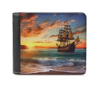 Portefeuille à deux volets en cuir motif bateau pirate au coucher du soleil pour homme et femme, blocage RFID, capacité supplémentaire, coutures ultra résistantes, portefeuille fin avec 8 emplacements