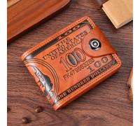 Portefeuille à deux volets pour homme avec motif en relief de billet de 100 dollars, sac à main en cuir synthétique avec bouton-pression, porte-cartes de crédit et argent liquide, marron, 2 volets