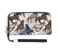 Portefeuille à dragonne pour femme avec motif de chevaux bleus en cours d'exécution, portefeuilles de grande capacité pour dames, pochettes longues, sac à main en PU imprimé avec fermeture éclair