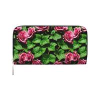Portefeuille à main en cuir élégant avec motif floral rose lierre avec feuilles printanières pour femme Capacité Grand portefeuille décontracté Prêt à voyager, noir, One Size, Art