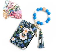 Portefeuille à perles pour femme - Style bohème - Motif floral - Porte-clés de style bohème avec perles et pompons - Porte-cartes de crédit - Sac de voyage léger pour tous les jours, bleu foncé