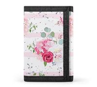 Portefeuille à trois volets avec imprimé floral, roses rouges, pivoines blanches, feuilles d'eucalyptus, élé porte-monnaie avec porte-clés, porte-cartes de crédit pour factures, reçus, femmes et h