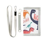 Portefeuille à trois volets avec motif dinosaure coloré et mots pour garçons et filles, avec poche zippée pour pièces de monnaie et porte-cartes - Cadeau d'anniversaire pour enfants