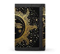 Portefeuille à trois volets avec motif doré dessiné à la main, étoiles du soleil sur fond noir foncé, élé porte-monnaie avec porte-clés, porte-cartes de crédit pour factures, reçus, femmes et homm