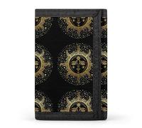 Portefeuille à trois volets avec motif doré dessiné à la main, étoiles du soleil sur fond noir foncé, élé porte-monnaie avec porte-clés, porte-cartes de crédit pour factures, reçus, femmes et homm