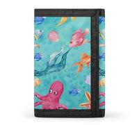 Portefeuille à trois volets avec motif sirène, pieuvre rose et tortue de mer, élé porte-monnaie avec porte-clés, porte-cartes de crédit pour factures, reçus, femmes et hommes, 12,7 x 8,4 x 5,1 cm