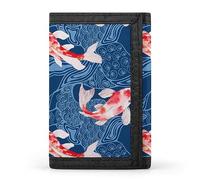 Portefeuille à trois volets avec motifs de poissons japonais rouges et roses sur fond bleu, élé porte-monnaie avec porte-clés, porte-cartes de crédit pour factures, reçus, femmes et hommes, 12,7 x