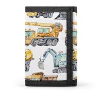 Portefeuille à trois volets jaune avec motif de camions et voitures, tracteur, excavatrice, bétonnière, élé porte-monnaie avec porte-clés, porte-cartes de crédit pour factures, reçus, femmes et ho