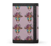 Portefeuille à trois volets, motif vache avec couronne de fleurs roses et lunettes de soleil turquoise, élé porte-monnaie avec porte-clés, porte-cartes de crédit pour factures, reçus, femmes et ho