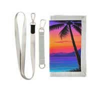 Portefeuille à trois volets pour femme Motif coucher de soleil noix de coco plage été Portefeuille tendance robuste pour homme Pince à billets avec cordon Carteras para hombres, Coucher de soleil