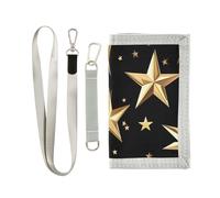 Portefeuille à trois volets pour homme avec motif abstrait noir et étoiles dorées pour femme, portefeuille tendance léger pour homme avec cordon billetera minimalista para hombre, Motif étoiles dorées