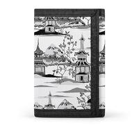 Portefeuille à trois volets vintage rétro à encre noire, motifs pagodes chinoises, montagnes et arbres sur fond blanc, élé porte-monnaie avec porte-clés, porte-cartes de crédit pour factures, reçu