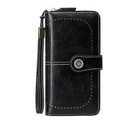 Portefeuille anti-magnétique RFID pour femme, portefeuille européen et cuir ciré, grande capacité, sac à main pour femme, grand rouge, Noir , 19X11X3.5 CM