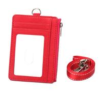 Portefeuille compact avec blocage et poche zippée en cuir synthétique pour pièces de monnaie avec cordon amovible et porte-badge multifonction, Rouge, With lanyard, Beauté de masse