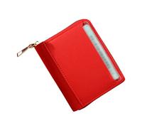Portefeuille court pour femme - Couleur unie - Avec fermeture éclair - Plusieurs emplacements pour cartes - Porte-carte d'identité - Cordon, Rouge, Taille unique