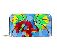 Portefeuille Cuir Cuir Zip Long Bourse Vitrail Coloré Dragon Lune Bleu