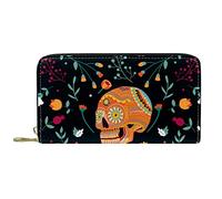 Portefeuille Cuir Cuir Zip Long Purse Day of The Dead Skull Flowers