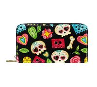 Portefeuille Cuir Cuir Zip Long Purse Hand Drawn Colorful Day of The Dead Skull Pattern-01