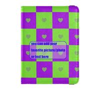 Portefeuille de passeport de voyage en cuir avec fente pour carte de vaccination, badge d'identité, carte de vaccination, portefeuille léger, Motif carreaux de buffle/cœur Vert/violet, 1 size