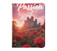 Portefeuille de voyage en cuir avec motif roses et château au coucher du soleil - Porte-passeport antivol pour femme