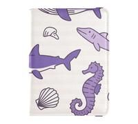 Portefeuille de voyage en cuir pour femme avec méduses et requins violets et rayures violettes - Portefeuille de voyage pour voyage - Porte-badge d'identification - Portefeuille pour femme - Ultra fin