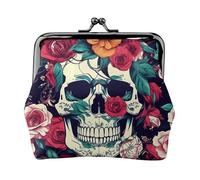 Portefeuille de voyage minimaliste avec motif tête de mort et fleurs, petite pochette de rangement pour randonnées et excursions en plein air, Noir , Taille unique, Pochette à monnaie