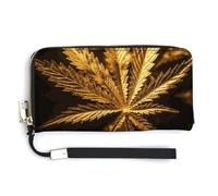 Portefeuille doré en cuir cannabis avec fermeture éclair sur le pourtour pour femme avec porte-cartes de crédit