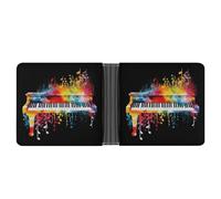 Portefeuille en cuir à deux volets, orné de notes de musique et de motifs colorés de clavier de piano, avec 2 poches cachées et 6 emplacements pour cartes. Portefeuille fin pour argent, cartes et pi