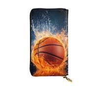 Portefeuille en cuir avec blocage RFID - Grande capacité - Porte-cartes de crédit - Avec fermeture éclair - Support de téléphone - Motif basketball sur le feu et l'eau, Noir , Taille unique
