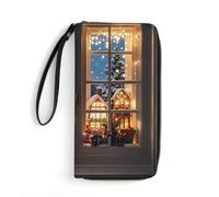 Portefeuille en cuir avec flocons de neige devant la fenêtre pour homme et femme, portefeuille long vertical fin avec fermeture éclair, porte-cartes blanc, 19,7 x 10,5 cm, blanc, 19.7x10.5cm