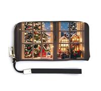 Portefeuille en cuir avec flocons de neige devant la fenêtre pour porte-monnaie unisexe fin avec fermeture éclair, blanc, 20 x 10,5 cm, blanc, 20.0*10.5cm