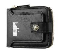 Portefeuille en cuir de style court à fermeture éclair vintage pour hommes Porte-monnaie à bouton multifonction avec plusieurs emplacements pour cartes et une fenêtre d’identification transparente