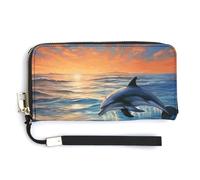 Portefeuille en cuir, motif dauphins dans la mer, portefeuille de voyage, long sac à main en cuir, fermeture éclair autour du portefeuille, style, 20 x 10,5 cm, moderne, Style :, 20.0*10.5cm, Moderne