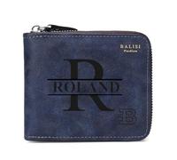 Portefeuille en Cuir personnalisé pour Homme - Nom et Initiale gravés personnalisés, Fermeture éclair Durable, Grande capacité, Blocage RFID, pour Papa, Fils, Petit ami, Bleu, 12,7 cm