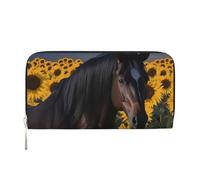 Portefeuille en cuir pour femme, long sac à main motif cheval foncé sous les tournesols, portefeuille pour femme avec 8 porte-cartes de crédit, poche pour pièces de monnaie, noir, taille unique