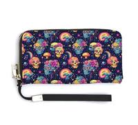 Portefeuille en cuir pour femme - Motif crânes colorés tropicaux avec fermeture éclair