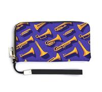 Portefeuille en cuir pour femme - Petit portefeuille minimaliste avec fermeture éclair pour femme - Imprimé saxophone jaune