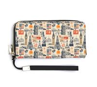 Portefeuille en cuir pour femme - Petit portefeuille pour femme avec fermeture éclair et motif collage de monuments vintage