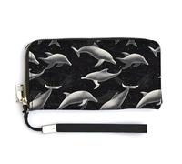 Portefeuille en cuir pour femme - Petit portefeuille pour femme avec fermeture éclair Motif dauphins noirs