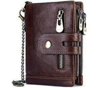 Portefeuille en cuir pour homme avec chaîne Porte-monnaie en cuir véritable Blocage RFID Poche à monnaie à double fermeture éclair avec chaîne antivol Porte-cartes multifonctionnel Sac à main