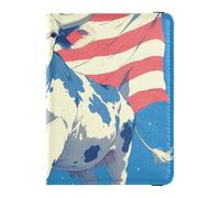 Portefeuille en cuir pour passeport de voyage ultra fin Motif vache de dessin animé Bleu 4 juillet, dessin animé vache bleu 4th of juillet Independence Day, 1 size