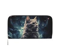 Portefeuille en cuir synthétique pour femme et fille, fermeture éclair autour du porte-cartes de crédit, motif chat dans une nébuleuse, sac à main de voyage imperméable