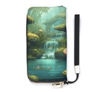 Portefeuille en cuir synthétique, vue de la rivière fantastique avec étang et poissons champignons dans les arbres de la jungle, portefeuille long pour femme, portefeuille à main avec porte-cartes