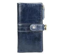 Portefeuille en cuir véritable pour femme avec protection RFID, 12 emplacements pour cartes, 2 poches pour billets, poche pour pièces de monnaie, design mi-long pour un usage quotidien, bleu, Couleur