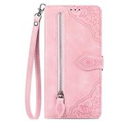 Portefeuille Etui en Cuir pour Honor Play9T Pro Étui en Cuir Flip Cover Sac à Fermeture éclair Housse 360 Etui a Rabat Cover étui Téléphone Voyage Carte Crédit Pochette Rose