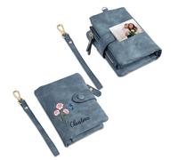Portefeuille Femme avec Photo Gravée Nom Personnalisé Porte-Monnaie Cuir Nom de Naissance Fleur Portefeuille Cadeau pour Maman Fête des mères Noël Anniversaire (Bleu)