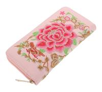 Portefeuille Femme Brodé Fleurs, Fermeture Éclair, Grand Format, Voyage | Pu, Style Ethnique Polyvalent, Usage Quotidien, Rangement Cartes et Monnaie, Coloris Rose