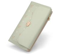 Portefeuille Femme en Cuir PU Porte Monnaie Femme Grande Capacité Porte Feuilles pour Femme Porte-chéquiers Porte-Cartes avec 10 Porte Carte, Porte-Feuille Femmes Zippé Pochette à Monnaie (L-Vert)